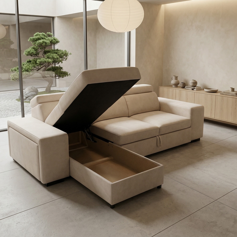 Canapé d'Angle Convertible Tissu Beige-Gras - Mécanisme de Conversion - Détail assise et revêtement