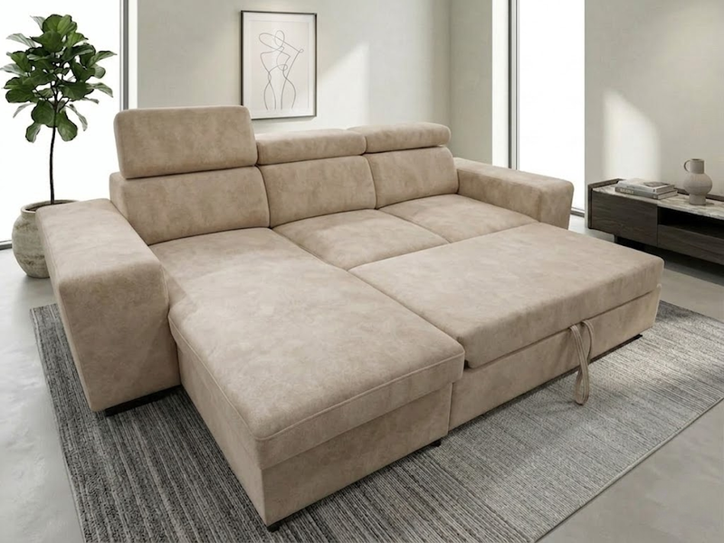 Canapé d'Angle Convertible Tissu Beige-Gras - Mécanisme de Conversion - Configuration angle