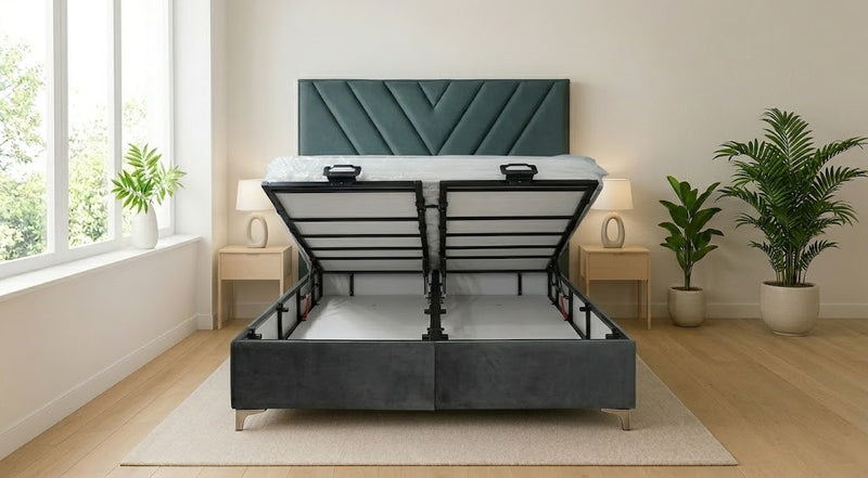 Lit Coffre Elmas – Velours Gris, Pieds Argentés, 140x200 cm - Coffre de rangement ouvert