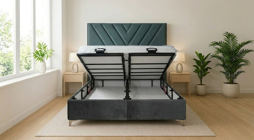 Lit Coffre Elmas – Velours Gris, Pieds Argentés, 140x200 cm - Coffre de rangement ouvert