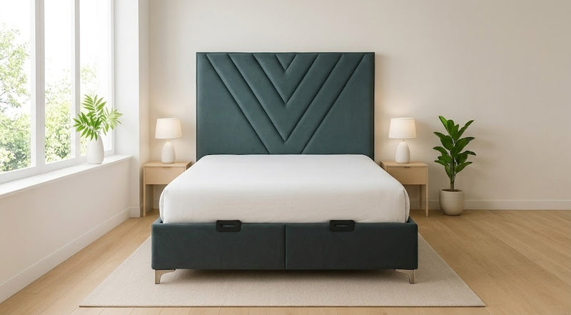 Lit Coffre Elmas – Velours Gris, Pieds Argentés, 140x200 cm - Vue d'ensemble