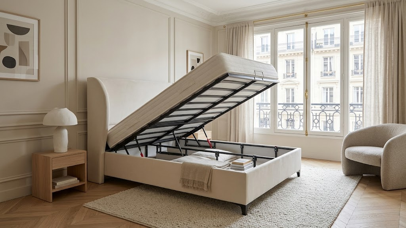 Lit Coffre Serena – Velours, Coffre de Rangement, 140x200 cm - Détail revêtement et pieds