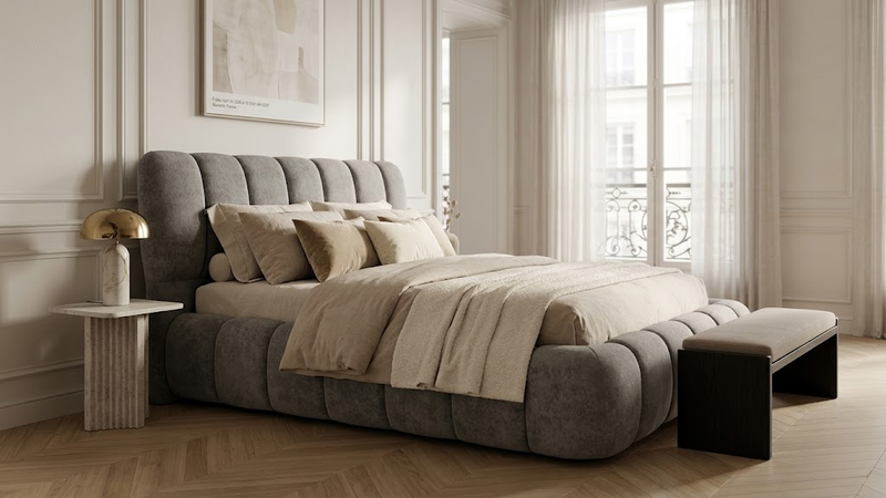 Lit Coffre Bubble – Tissu Gris, Sommier Inclus, 160x200 cm - Coffre de rangement ouvert