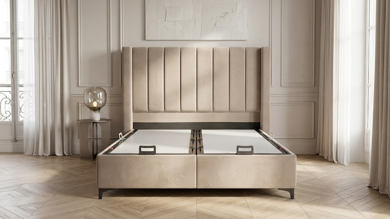 Lit Coffre Marseille – Velours, Coffre Intégré, 140/160x200 cm - Coffre de rangement ouvert
