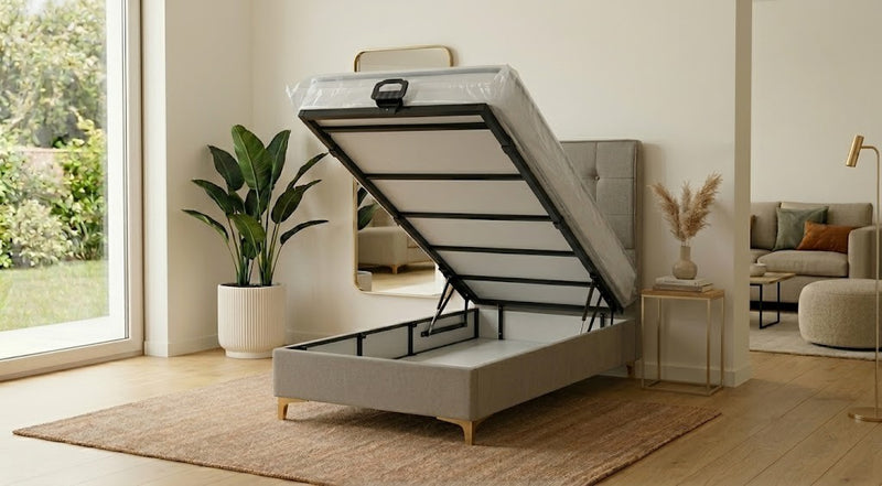 Lit Coffre Vision – Velours Taupe, Pieds Dorés, 160x200 cm - Coffre de rangement ouvert