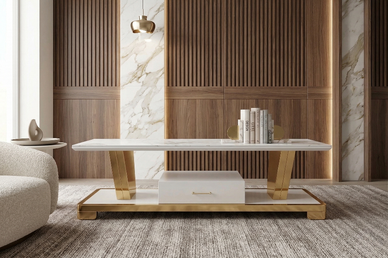 Meuble TV 602 – MDF Effet Marbre, Pieds Dorés, 180 cm - Détail rangements