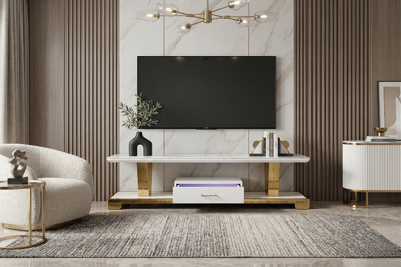Meuble TV 602 – MDF Effet Marbre, Pieds Dorés, 180 cm - Vue de face