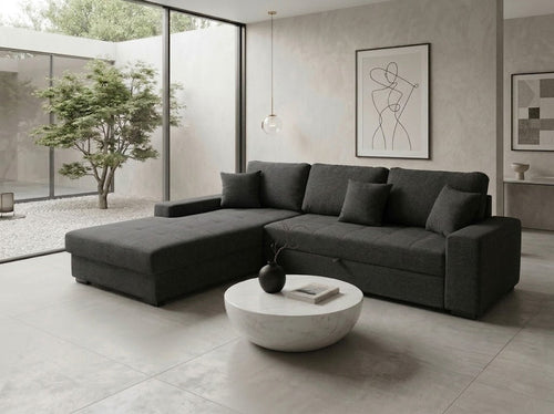 Canapé d'Angle Convertible Tissu Gris-Taupe avec Repose-Tête et Coffre - Vue d'ensemble