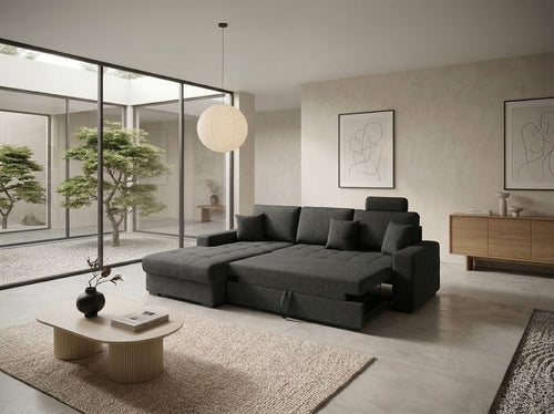 Canapé d'Angle Convertible Tissu Gris-Taupe avec Repose-Tête et Coffre - Détail assise et revêtement