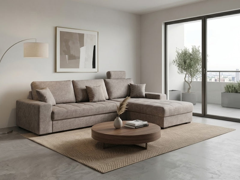 Canapé d'Angle Convertible Tissu Gris-Taupe avec Repose-Tête et Coffre - Configuration angle
