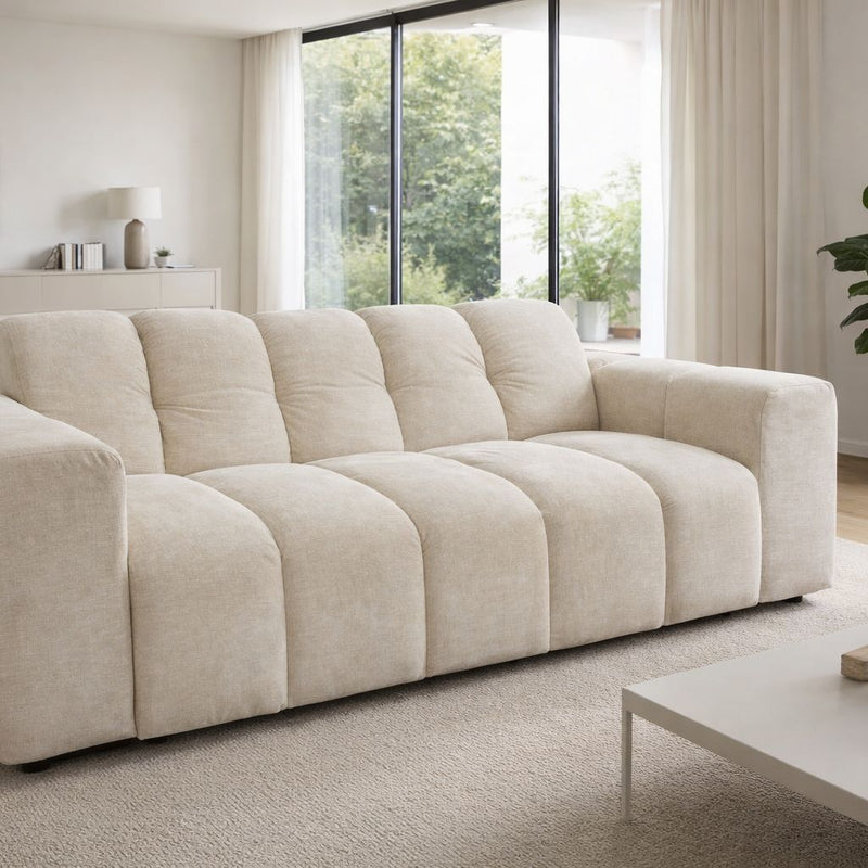 Canapé 3 Places Tissu Gris - Structure Bois, Ressorts Ensachés - Détail assise et revêtement