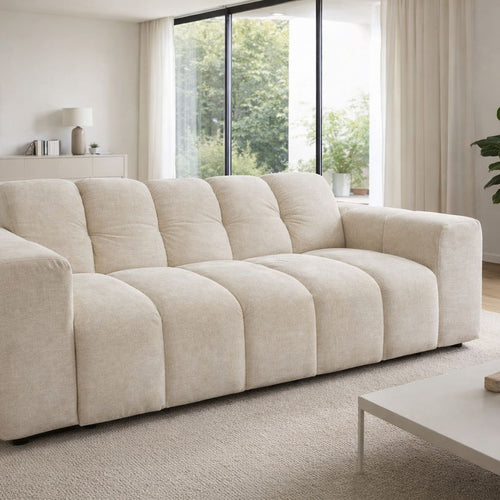 Canapé 3 Places Tissu Gris - Structure Bois, Ressorts Ensachés - Détail assise et revêtement