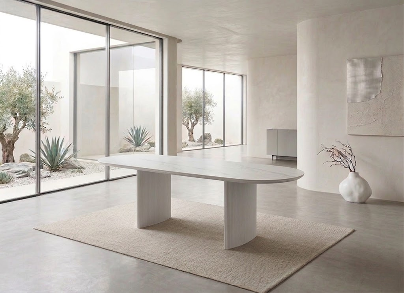 Table Repas Joséphine – MDF Effet Marbre, Pieds Blancs, 160 cm - Détail surface et pieds