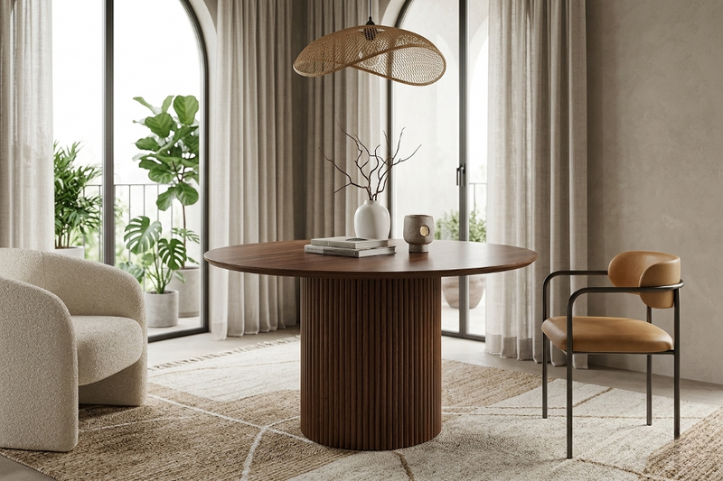 Table Repas Ronde Livia – MDF, Ø 120 cm - Détail surface et pieds