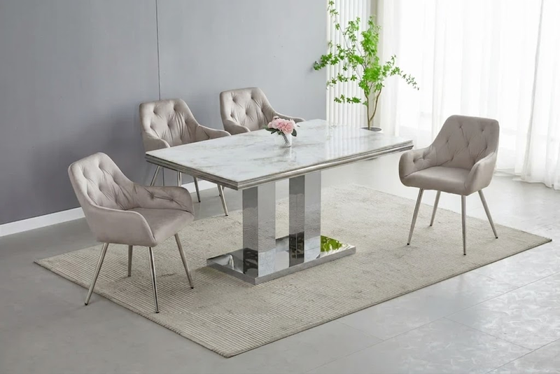 Table Repas Versus – MDF Effet Marbre, 160 cm - Détail surface et pieds