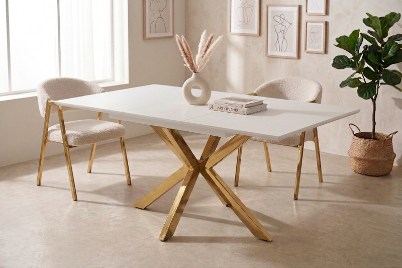 Table Repas Extensible Silvia – MDF Blanc, 160-200 cm - Détail surface et pieds