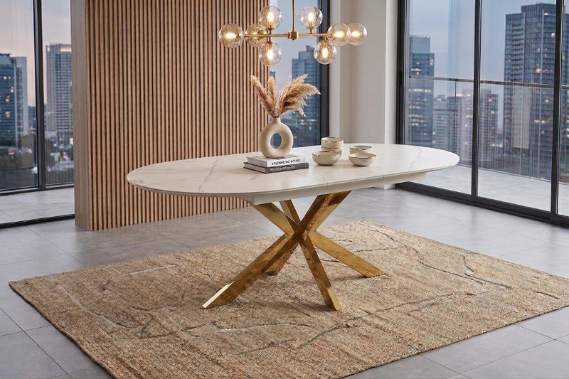 Table Repas Ovale Ophélia – Extensible, MDF Effet Marbre, 180-220 cm - Vue d'ensemble