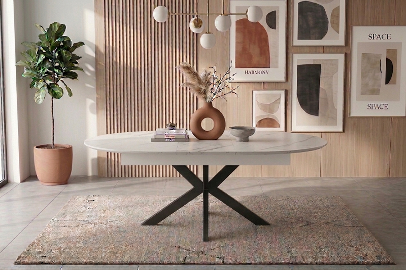 Table Repas Ovale Ophélia – Extensible, MDF Effet Marbre, 180-220 cm - Détail surface et pieds