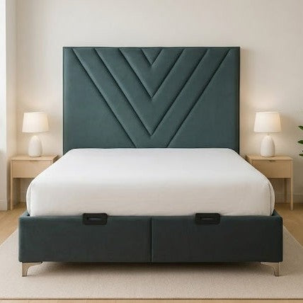 Lit Coffre Elmas – Velours Gris avec Pieds Argentés – 140x200 cm - Vue d'ensemble
