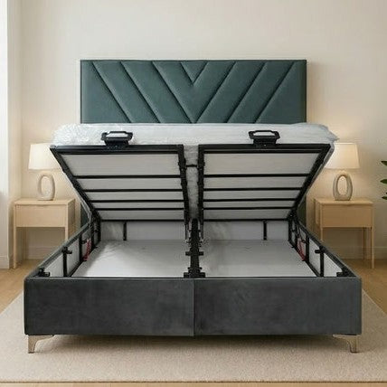 Lit Coffre Elmas – Velours Gris avec Pieds Argentés – 140x200 cm - Détail pieds