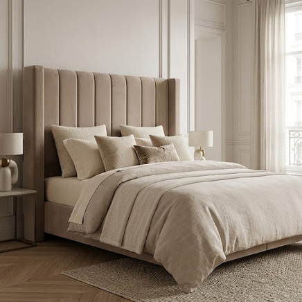Lit Coffre Marseille Taupe – Velours avec Pieds Dorés – 140/160x200 cm - Vue d'ensemble