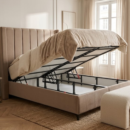 Lit Coffre Marseille Taupe – Velours avec Pieds Dorés – 140/160x200 cm - Coffre