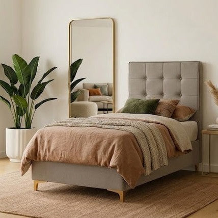 Lit Coffre Vision Taupe – Velours avec Pieds Dorés – 160x200 cm - Vue d'ensemble