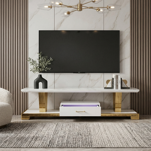 Meuble TV 602 – MDF Effet Marbre, Pieds Dorés, 180 cm - Vue de face
