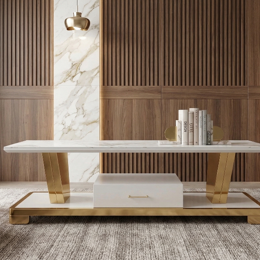 Meuble TV 602 – MDF Effet Marbre, Pieds Dorés, 180 cm - Détail rangements